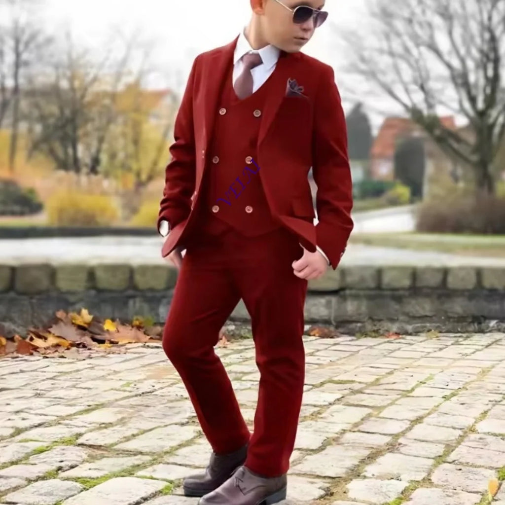 Boys 3 Piece Formal Suit Set with Blazer Pants Vest Customizable Wedding Tuxedo for Kids 2-16 Years
