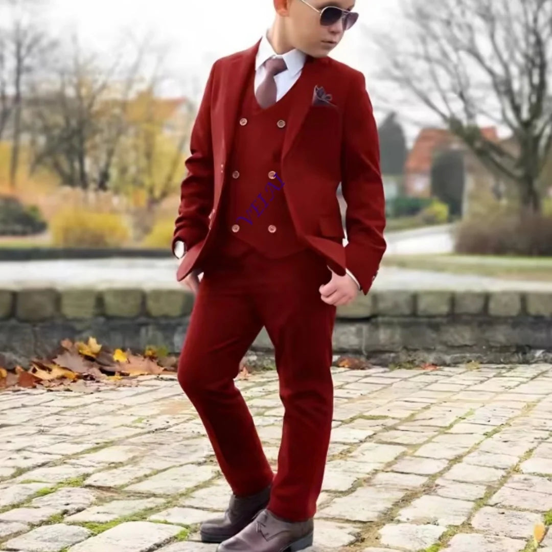 Boys 3 Piece Formal Suit Set with Blazer Pants Vest Customizable Wedding Tuxedo for Kids 2-16 Years