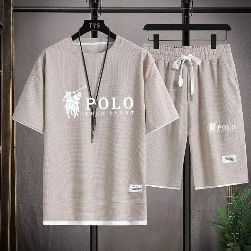 2026 Men's Summer Waffle 2 Piece Set Short Sleeve T-Shirt Sports Shorts Fashion Breathable Casual Tracksuit Gym Running Clothing
