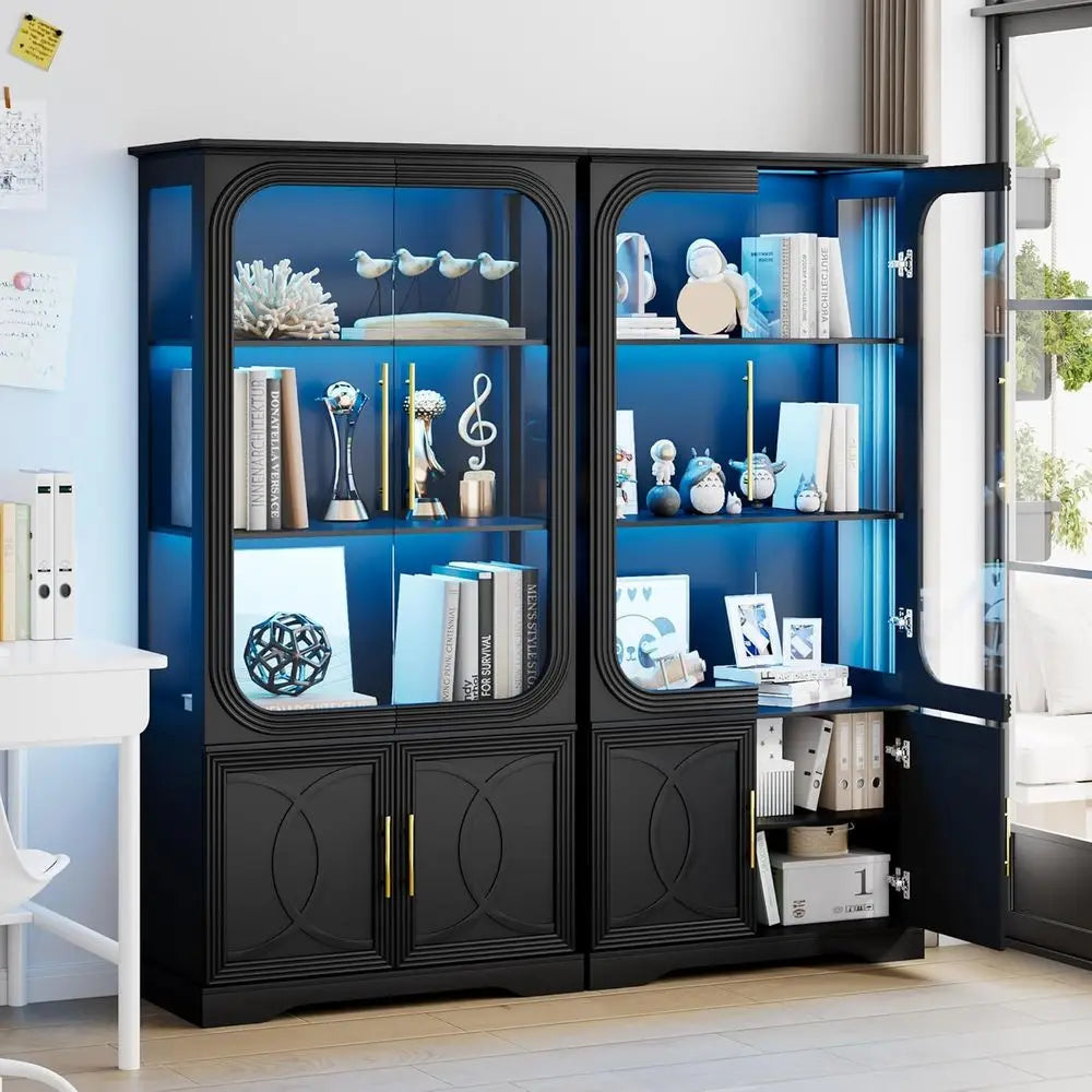 2pc Wood Display Cabinet with Glass Do, 69" Tall Curio Cabinet with LED Lights, Glass Display Case with Storage and 3 Shelves or