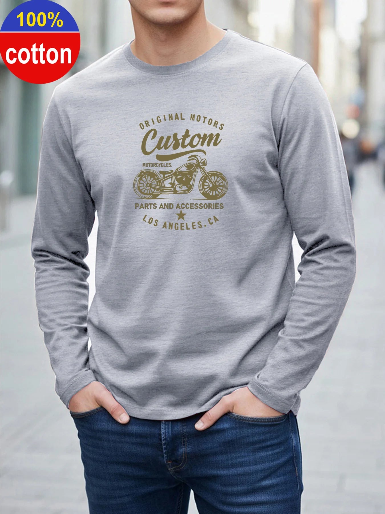 100% Pure Cotton Men's Long Sleeved Round Neck Loose Motorcycle Tpattern Printed Spring and Autumn Casual Versatile T-Shirt Top