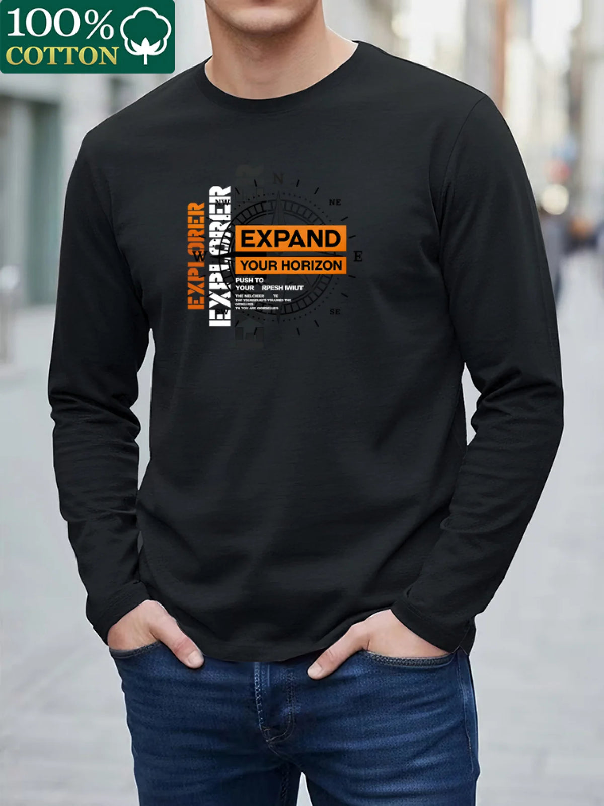 100% Pure Cotton Men's Long Sleeved Round Neck Loose Compass Explorer Pattern Printed Casual Versatile T-Shirt Top
