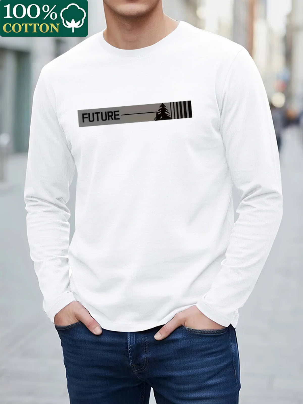100% Pure Cotton Men's Long Sleeved Round Neck Loose Compass Explorer Pattern Printed Casual Versatile T-Shirt Top