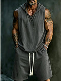 Men's Sleeveless Hooded Tank & Shorts Set, Loose Comfort Pinstripe Casual Streetwear