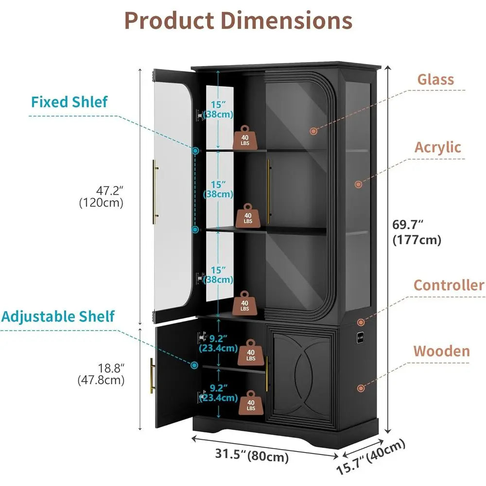 2pc Wood Display Cabinet with Glass Do, 69" Tall Curio Cabinet with LED Lights, Glass Display Case with Storage and 3 Shelves or