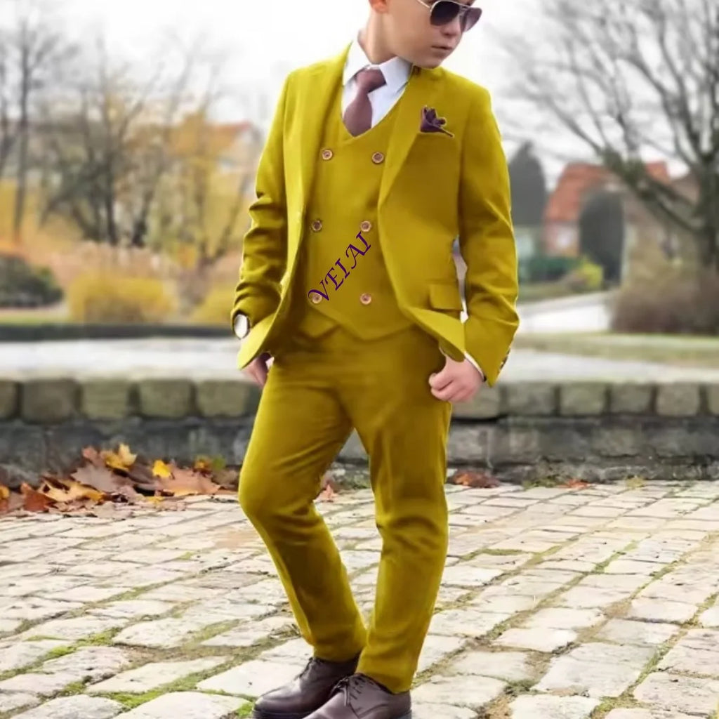 Boys 3 Piece Formal Suit Set with Blazer Pants Vest Customizable Wedding Tuxedo for Kids 2-16 Years