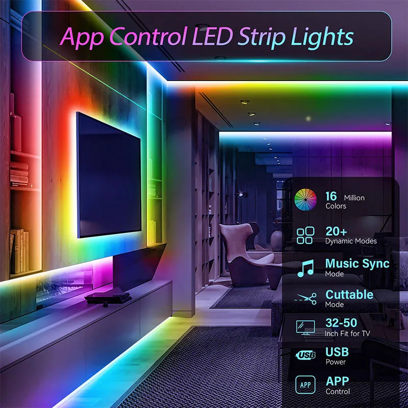 RGB LED Light Strip Lights USB 5V TV Backlight Atmosphere Lights APP Remote Control Flexible Lamp Tape Christmas Party Light