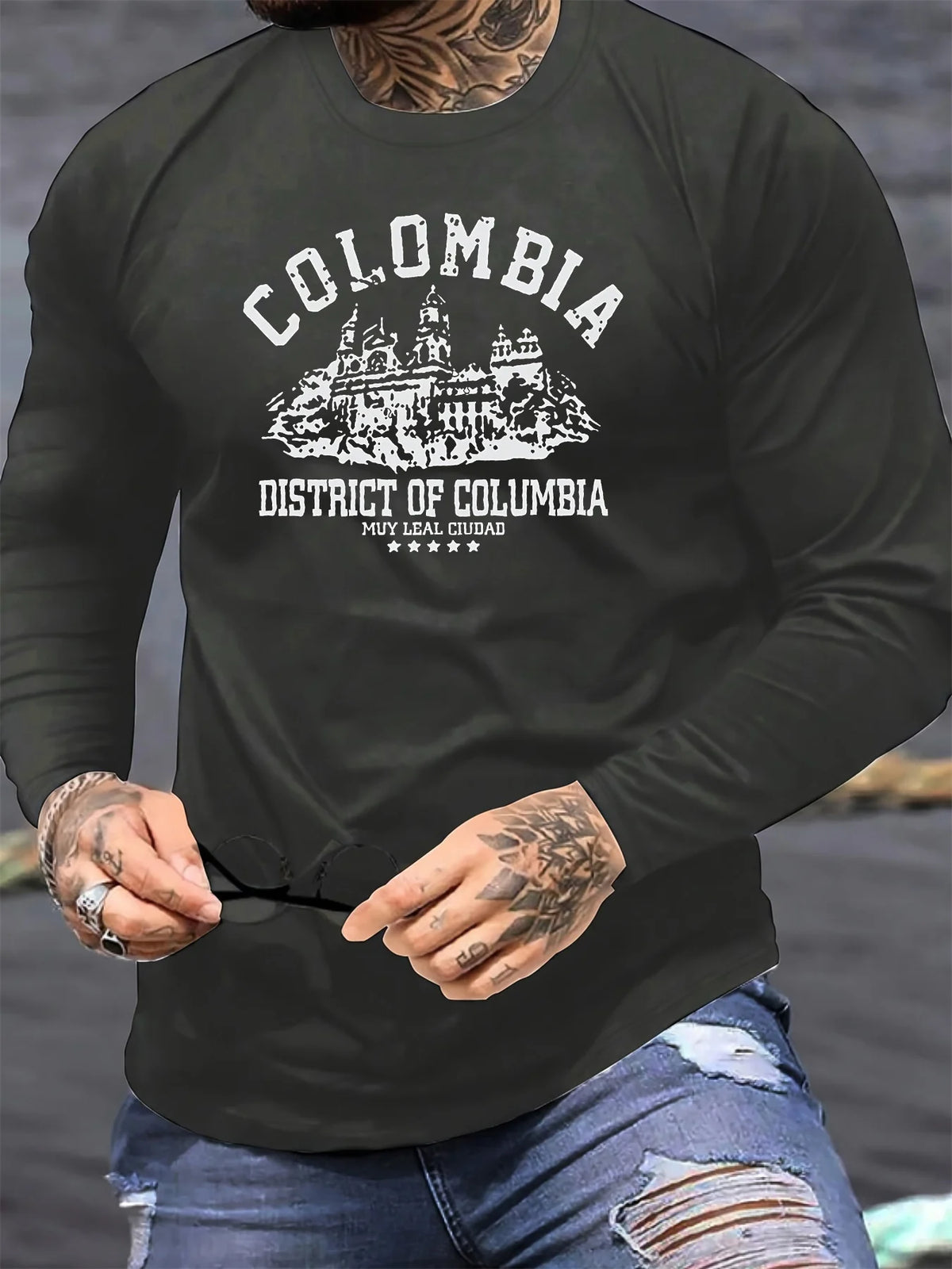 100% cotton men's long sleeved round neck loose Colombian architectural pattern print autumn/winter casual versatile T-shirt top