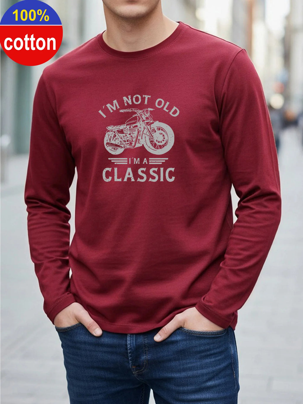 100% Pure Cotton Men's Long Sleeved Round Neck Loose Motorcycle Tpattern Printed Spring and Autumn Casual Versatile T-Shirt Top