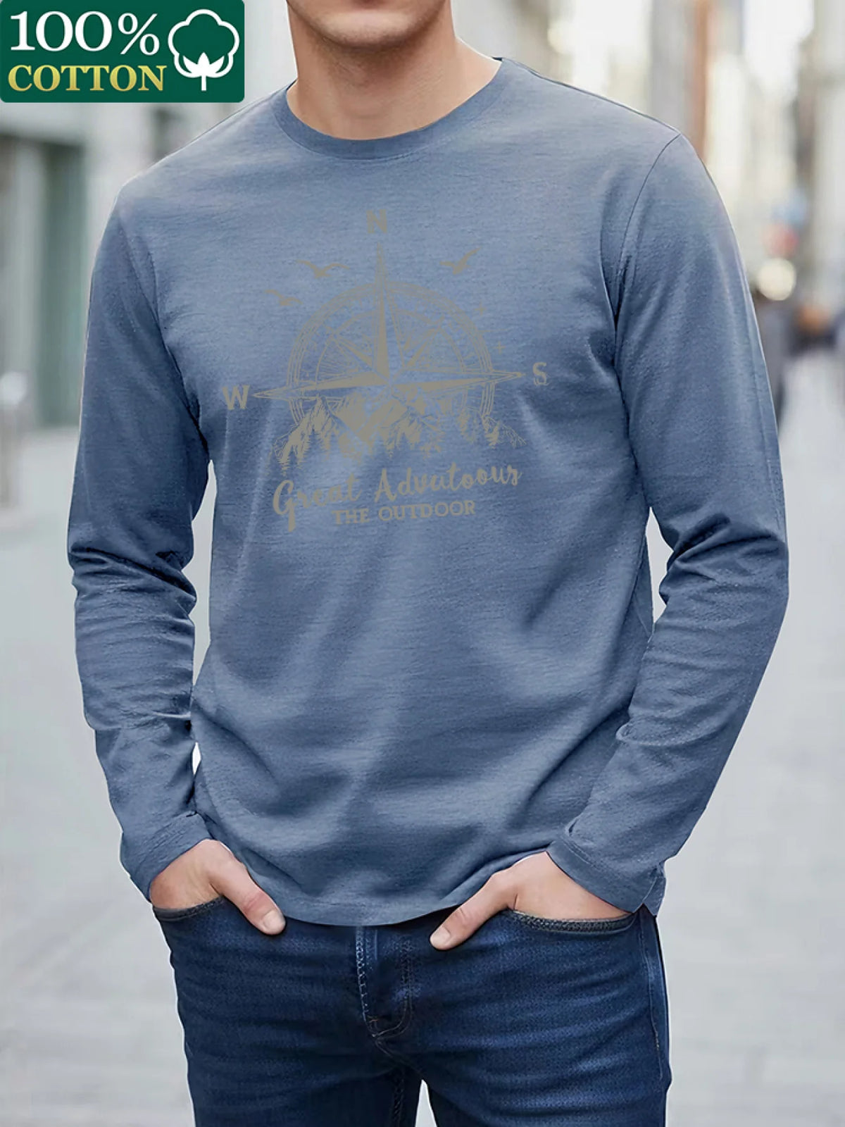 100% Pure Cotton Men's Long Sleeved Round Neck Loose Compass Explorer Pattern Printed Casual Versatile T-Shirt Top