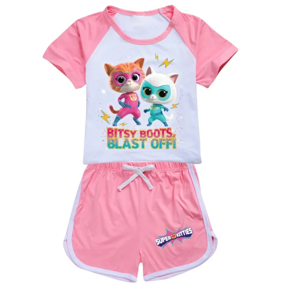 AIAI 2025SuperKitties Costumes Tshirt Shorts Kids Superkitties Clothes Toddler Boys Summer Outfits Baby Grils Short Sleeve Tshir