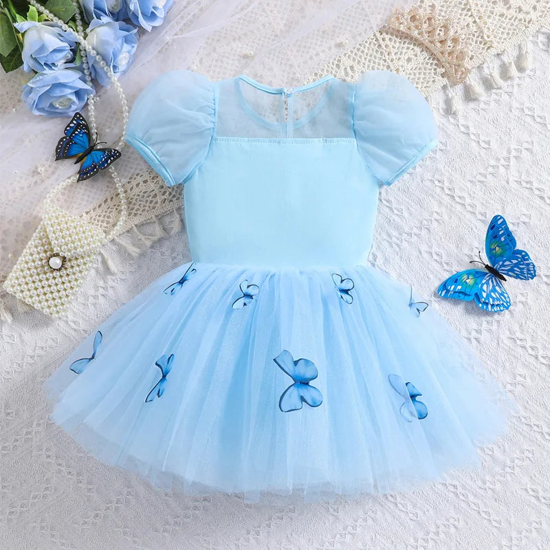 Cinderella Dancing Dress Girls Butterfly Applique Sequin Princess Ballet Clothes 2-8 Yrs Kid Training Uniform Blue Luxury Gown