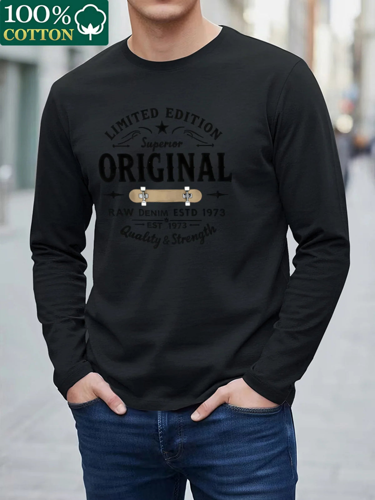 100% Pure Cotton Men's Long Sleeved Round Neck Loose Compass Explorer Pattern Printed Casual Versatile T-Shirt Top