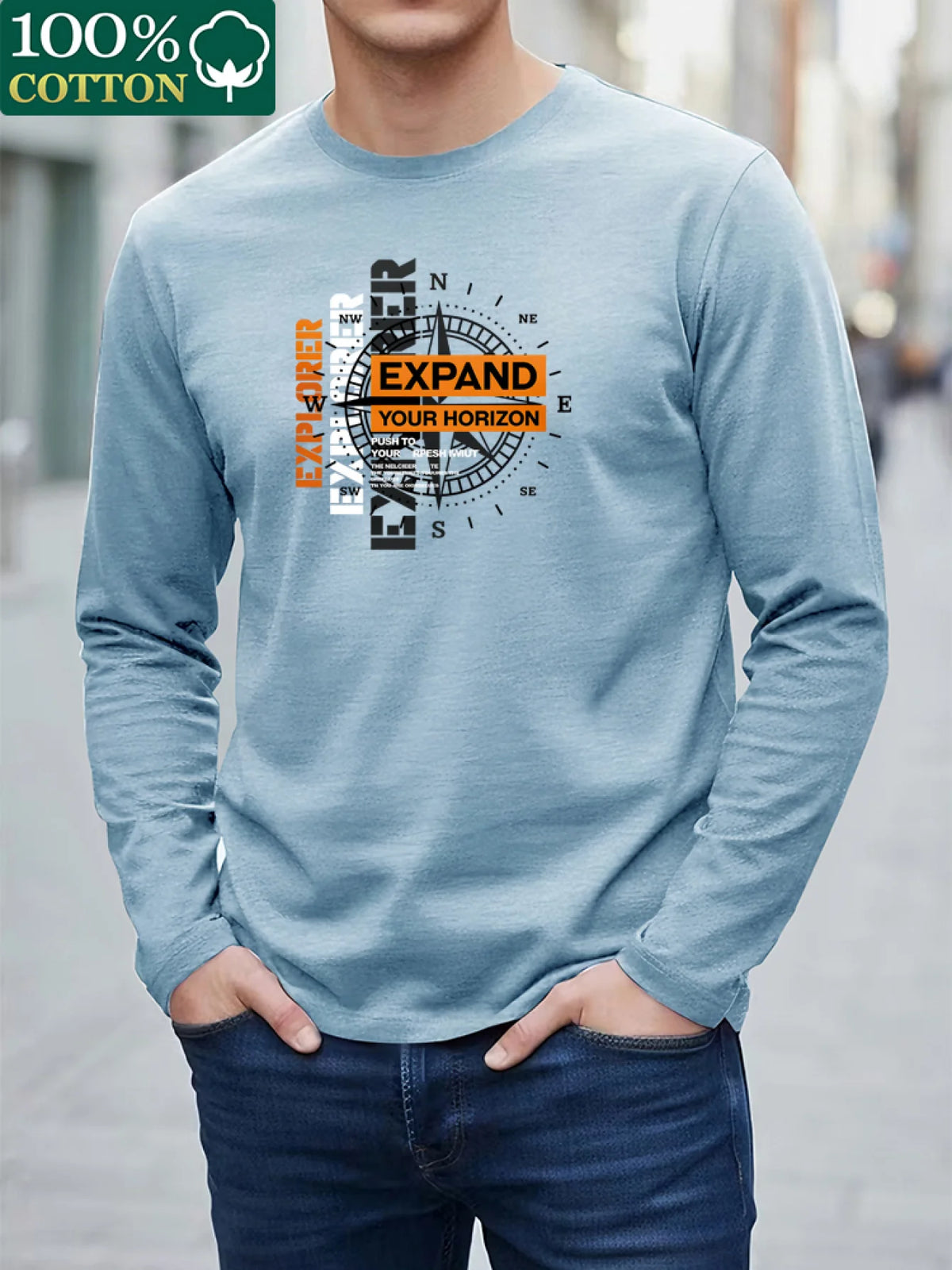 100% Pure Cotton Men's Long Sleeved Round Neck Loose Compass Explorer Pattern Printed Casual Versatile T-Shirt Top