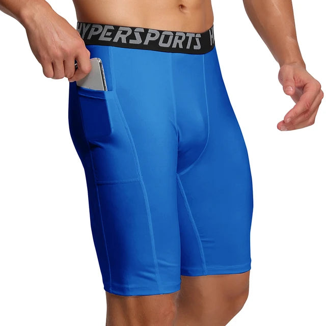 Mens Gym Shorts with Pockets Workout Compression Leggings for Men Polyester Boxer Briefs Running Basketball Athletic Tights