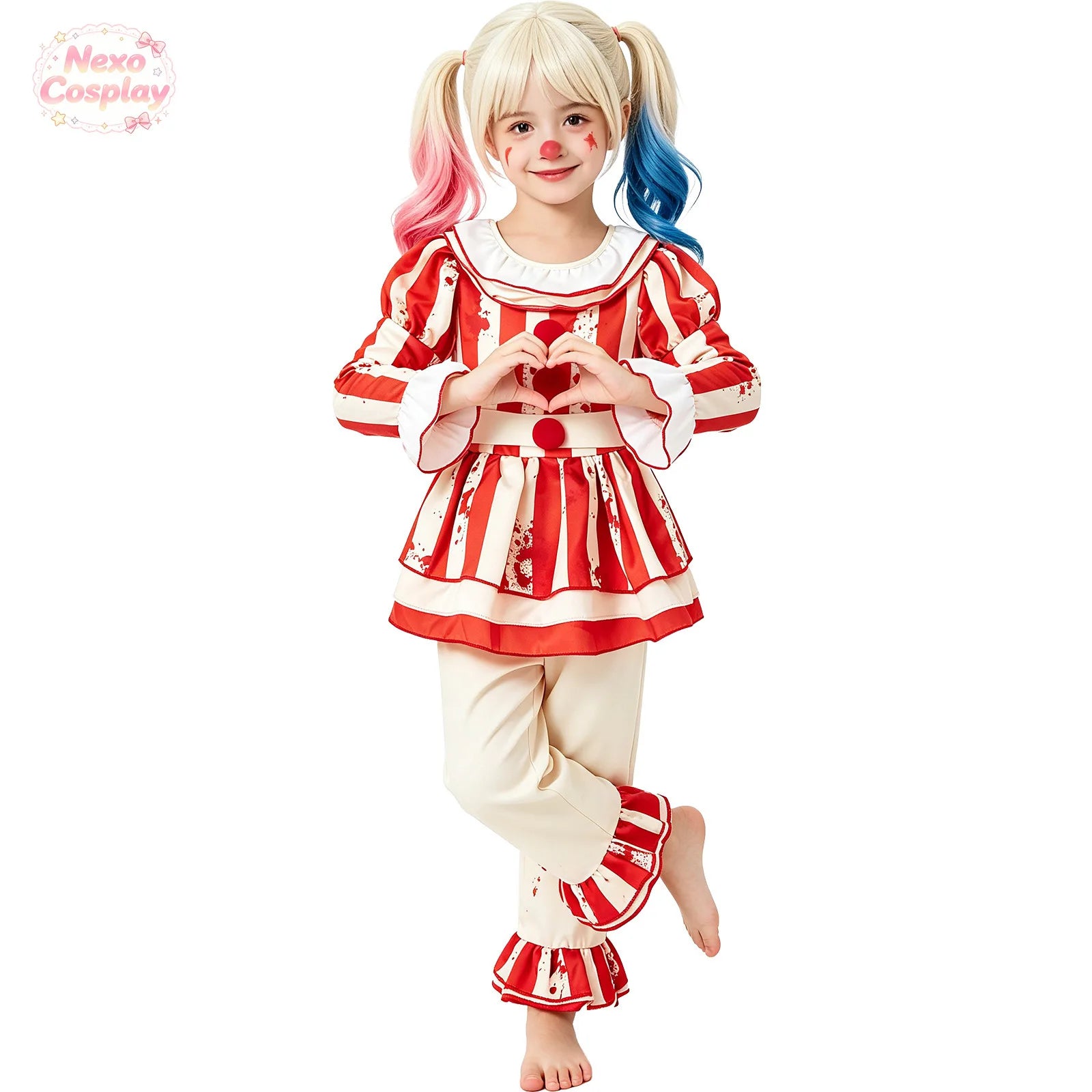 Kids Red White Striped Horror Clown Suit Halloween Cosplay Costume Hallowen Play Role Clothes Clothing